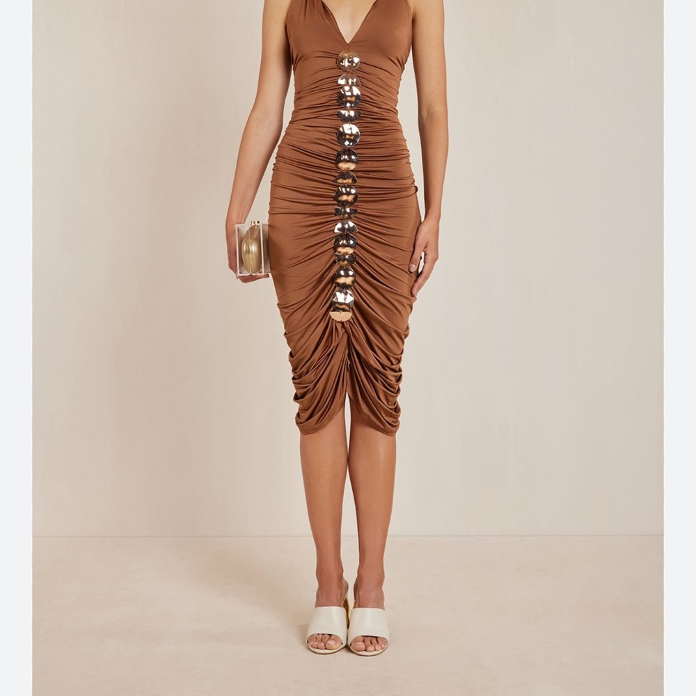 cult gaia Brown Ruched Halter Midi Dress with Metallic Front Ornaments